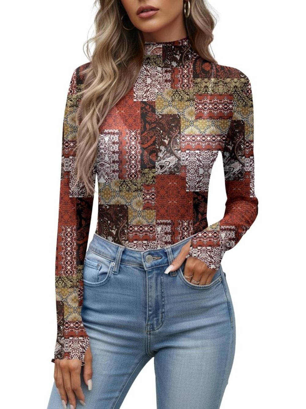 Women's Mixed Color Polyester Mesh Top Blouse Party Clubwear Long Sleeve Shirt